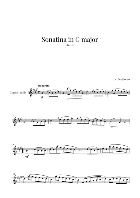 Free Sheet Music Beethoven Sonatina In G Major For Clarinet In Bb