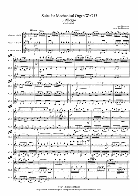 Free Sheet Music Beethoven Suite For Mechanical Organ Clock Woo 33 Mvt 3 Allegro Clarinet Trio