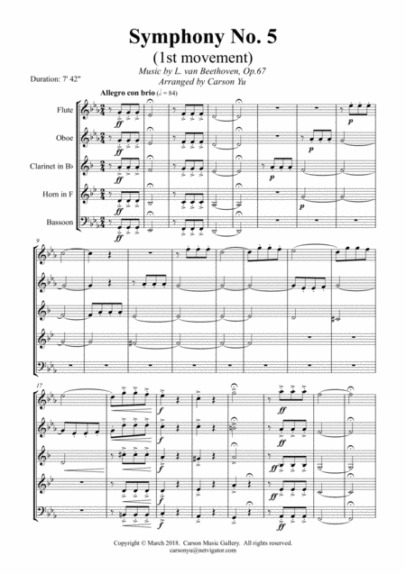 Free Sheet Music Beethoven Symphony No 5 Op 67 1st Movement For Woodwind Quintet