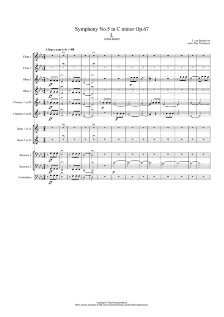 Beethoven Symphony No 5 Op 67 Mvt I Wind Dectet And Opt Double Bass Sheet Music