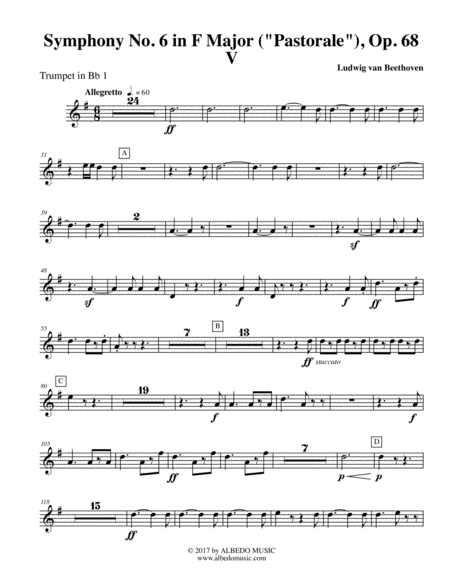 Free Sheet Music Beethoven Symphony No 6 Pastorale Movement V Trumpet In Bb 1 Transposed Part Op 68