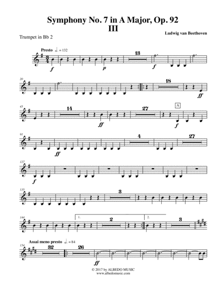 Free Sheet Music Beethoven Symphony No 7 Movement Iii Trumpet In Bb 2 Transposed Part Op 92