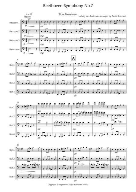 Beethoven Symphony No 7 Slow Movement For Bassoon Quartet Sheet Music