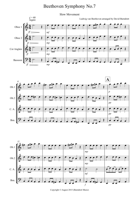 Beethoven Symphony No 7 Slow Movement For Double Reed Quartet Sheet Music