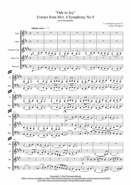 Beethoven Symphony No 9 Choral Symphony Op 125 Extract From Mvt Iv Ode To Joy Wind Quintet Sheet Music