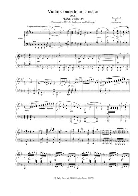 Beethoven Violin Concerto In D Major Op 61 Piano Version Sheet Music