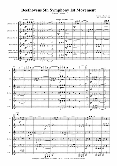 Beethovens 5th Symphony 1st Movement Clarinet Quintet Sheet Music