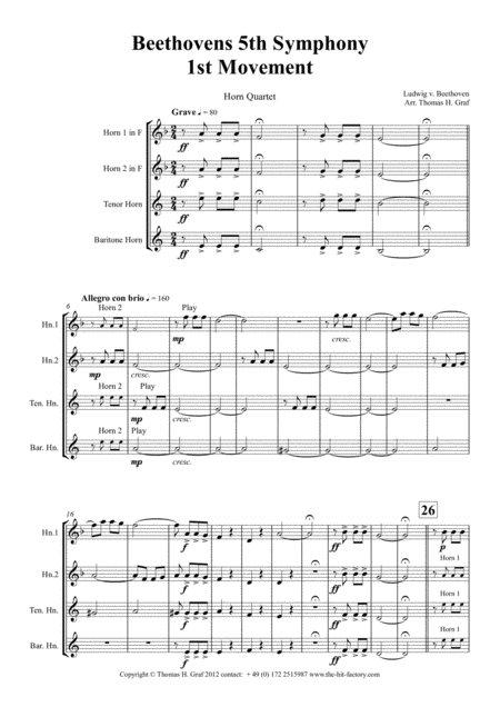 Beethovens 5th Symphony 1st Movement Horn Quartet Arrangement Thomas H Graf Sheet Music