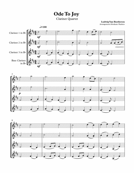 Beethovens Ode To Joy Clarinet Quartet Sheet Music