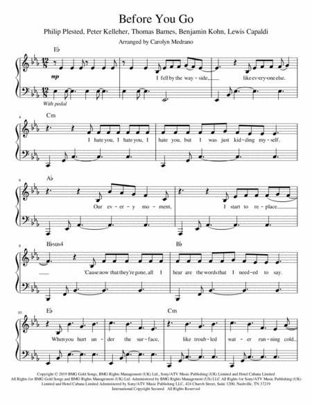 Before You Go Intermediate Piano Sheet Music