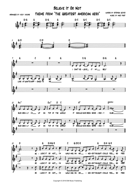 Free Sheet Music Believe It Or Not Theme From The Greatest American Hero Sab