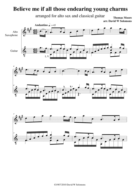 Free Sheet Music Believe Me If All Those Endearing Young Charms For Alto Saxophone And Guitar