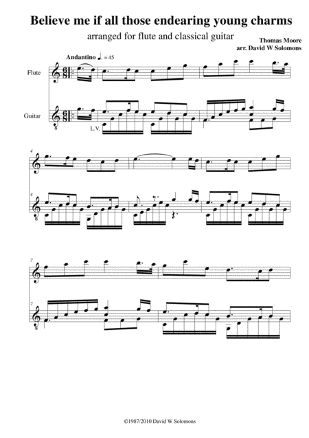 Free Sheet Music Believe Me If All Those Endearing Young Charms For Flute And Guitar