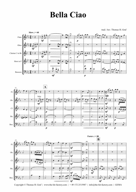 Bella Ciao Italian Classic Wind Quintet Sheet Music