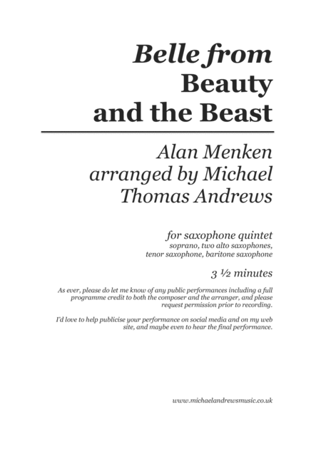 Belle From Disneys Beauty And The Beast For Saxophone Quintet Sheet Music