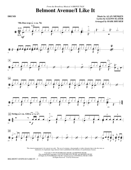 Belmont Avenue I Like It From A Bronx Tale Arr Mark Brymer Drums Sheet Music