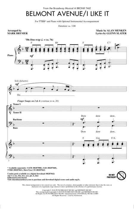 Belmont Avenue I Like It From A Bronx Tale Arr Mark Brymer Sheet Music