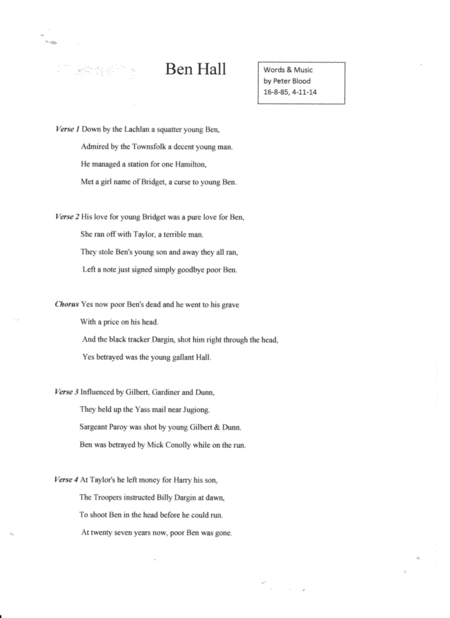 Free Sheet Music Ben Hall Lyrics