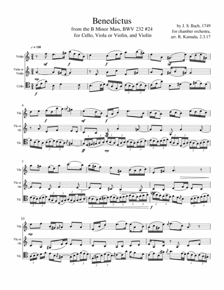 Benedictus From The B Minor Mass Bwv 232 24 Js Bach Arranged For Cello Viola Or Violin And Violin Trio Sheet Music