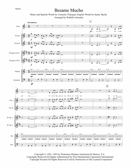 Besame Mucho For Mariachi Ensemble Sheet Music