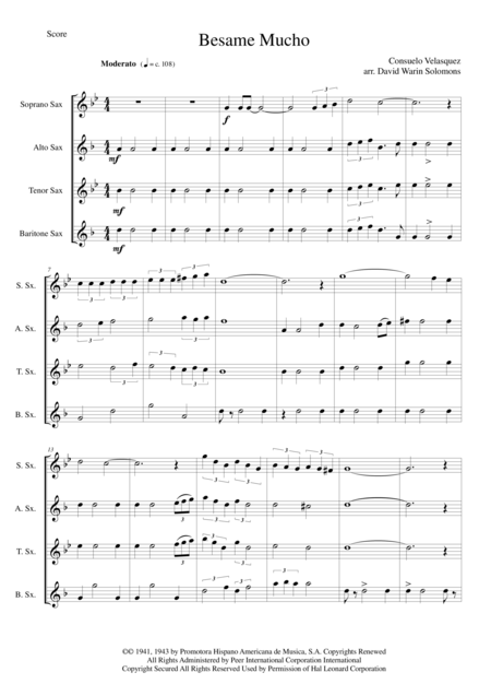 Besame Mucho For Saxophone Quartet Sheet Music