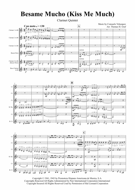 Besame Mucho Kiss Me A Lot World Famous Rumba Clarinet Quintet Sheet Music