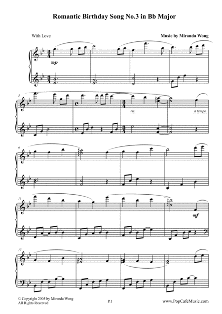 Best Romantic Birthday Song No 3 In Bb Major For Lovers By Miranda Wong Sheet Music