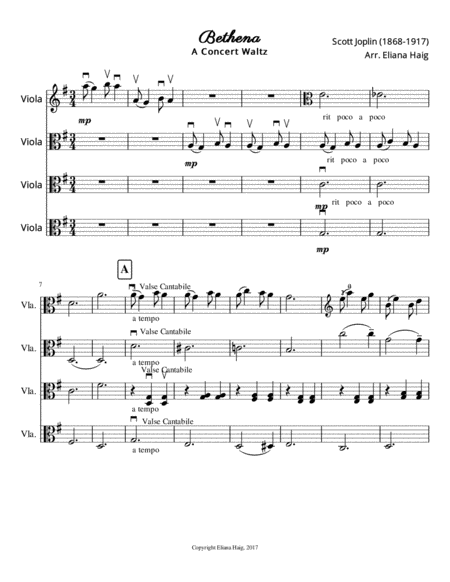 Free Sheet Music Bethena Scott Joplins Ragtime Waltz For Viola Ensemble
