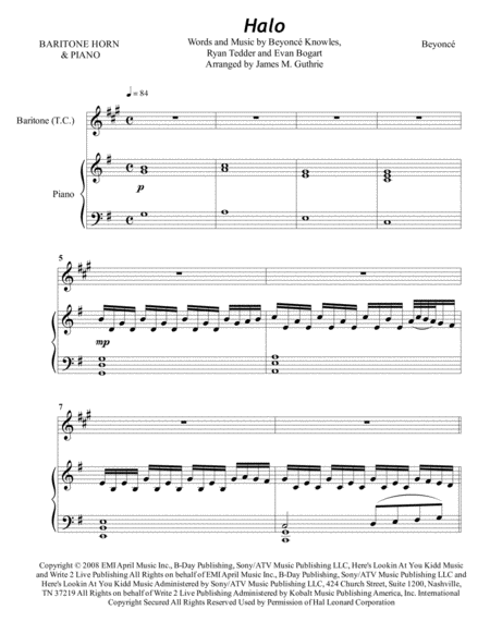 Beyonce Halo For Baritone Horn Piano Sheet Music