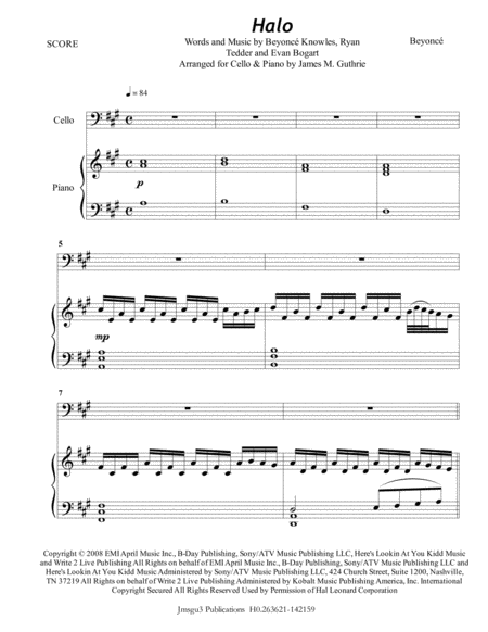 Free Sheet Music Beyonce Halo For Cello Piano