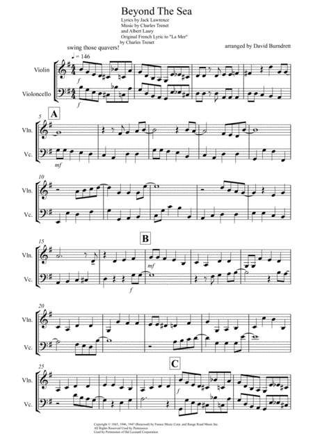 Free Sheet Music Beyond The Sea For Violin And Cello Duet