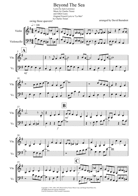 Beyond The Sea For Violin And Cello Duet Sheet Music