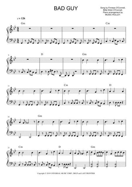 Billie Eilish Bad Guy Easy Piano Sheet Sheet Music