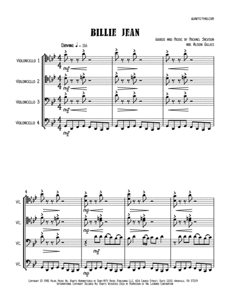 Billie Jean Cello Quartet Sheet Music