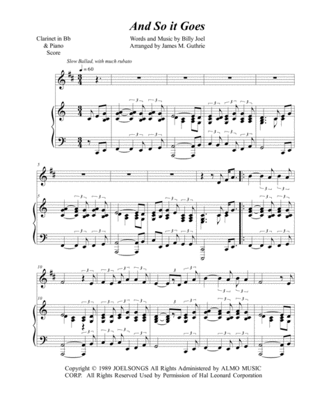 Billy Joel And So It Goes For Clarinet Piano Sheet Music