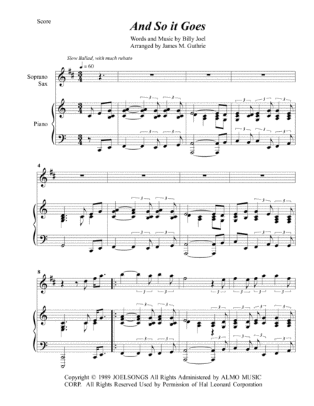 Billy Joel And So It Goes For Soprano Sax Piano Sheet Music