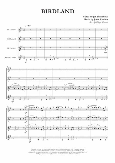 Birdland For Clarinet Quartet Sheet Music