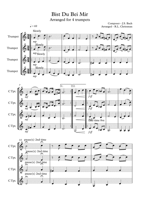 Bist Du Bei Mir For 4 Trumpets In B Flat Sheet Music