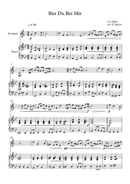 Bist Du Bei Mir Johann Sebastian Bach For Trumpet Piano Sheet Music