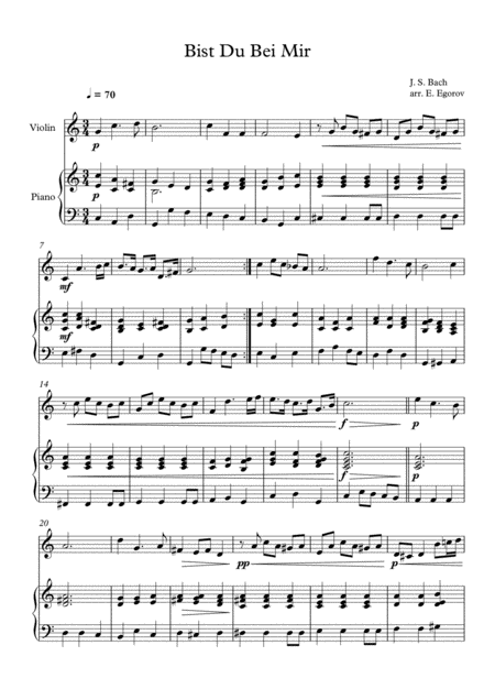 Free Sheet Music Bist Du Bei Mir Johann Sebastian Bach For Violin Piano