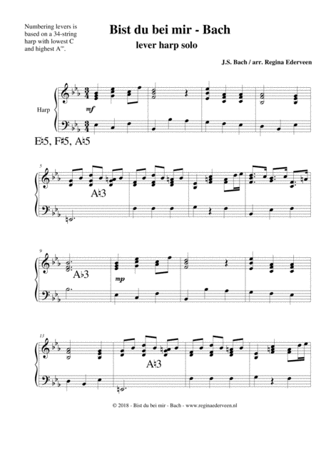 Free Sheet Music Bist Du Bei Mir Js Bach Lever Harp Solo