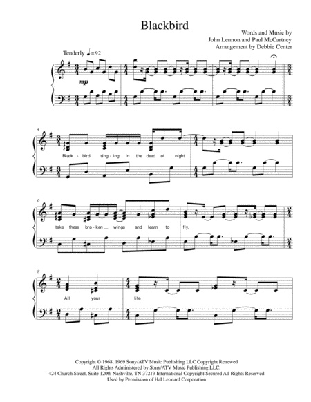 Blackbird By The Beatles Advanced Intermediate Solo Piano Arrangement By Debbie Center Sheet Music