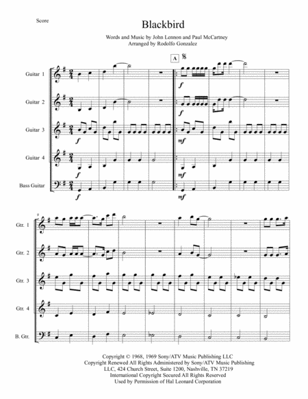 Blackbird For Guitar Quartet And Bass Guitar Sheet Music