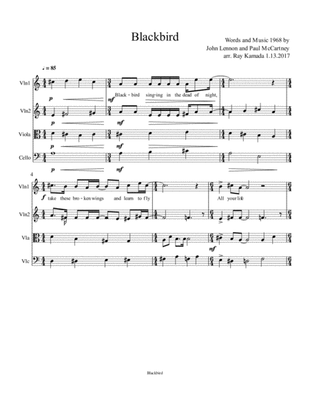 Blackbird For String Quartet Sheet Music