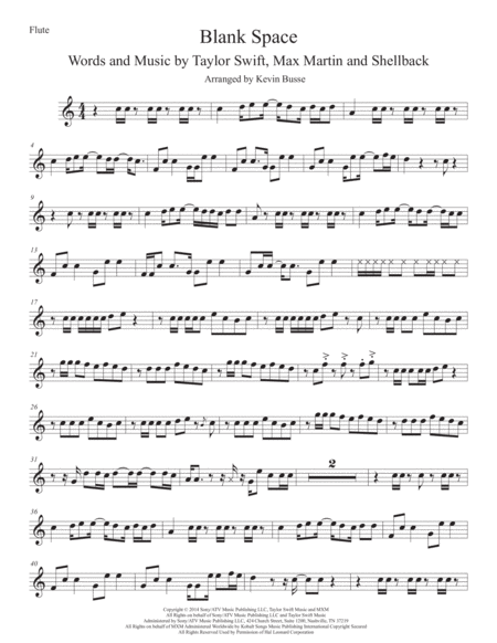 Blank Space Easy Key Of C Flute Sheet Music