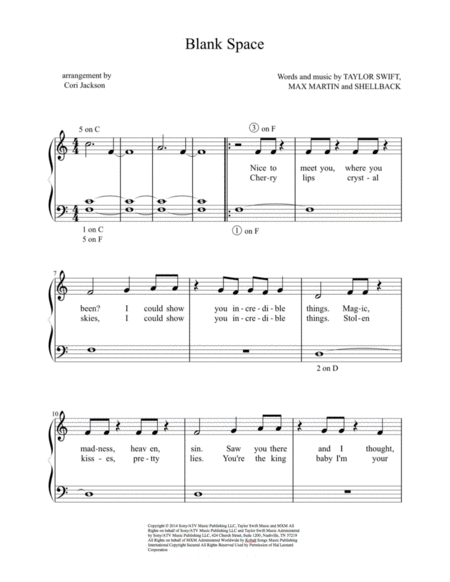 Blank Space Easy Piano Solo Sheet Music