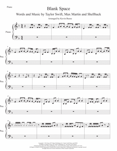 Blank Space Original Key Piano Sheet Music