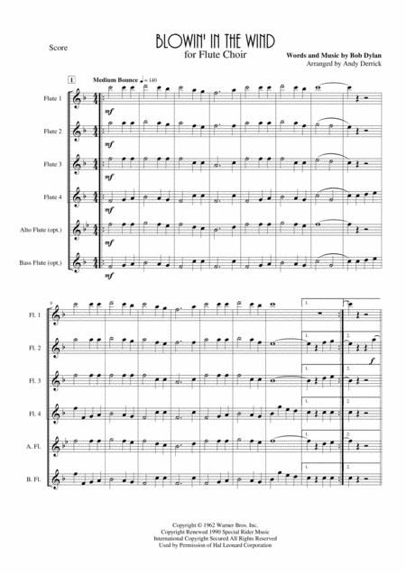 Free Sheet Music Blowin In The Wind For Flute Choir