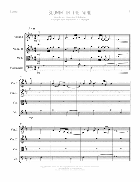 Free Sheet Music Blowin In The Wind For String Quartet