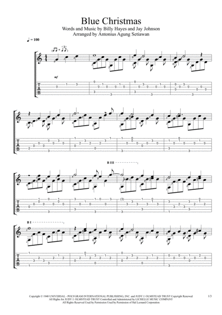 Free Sheet Music Blue Christmas Fingerstyle Guitar Solo